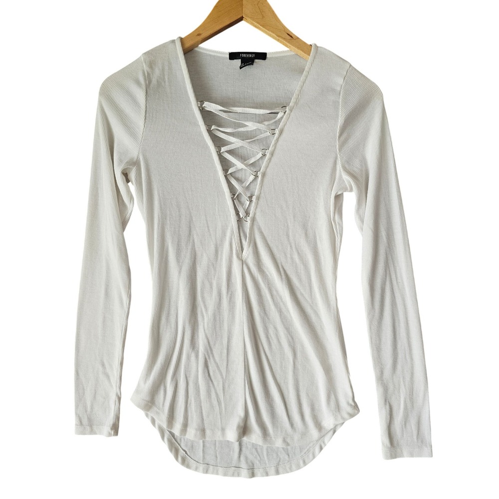Forever‎ 21 White Long Sleeve Top Lace Up V-Neck Ribbed Stretch Top Size S